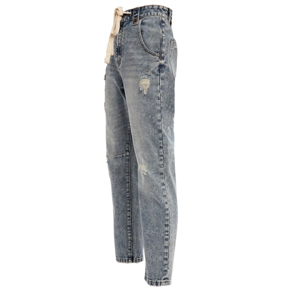 NWT Vintage Distressed Denim Drawstring Boyfriend Jeans - Picture 2 of 3